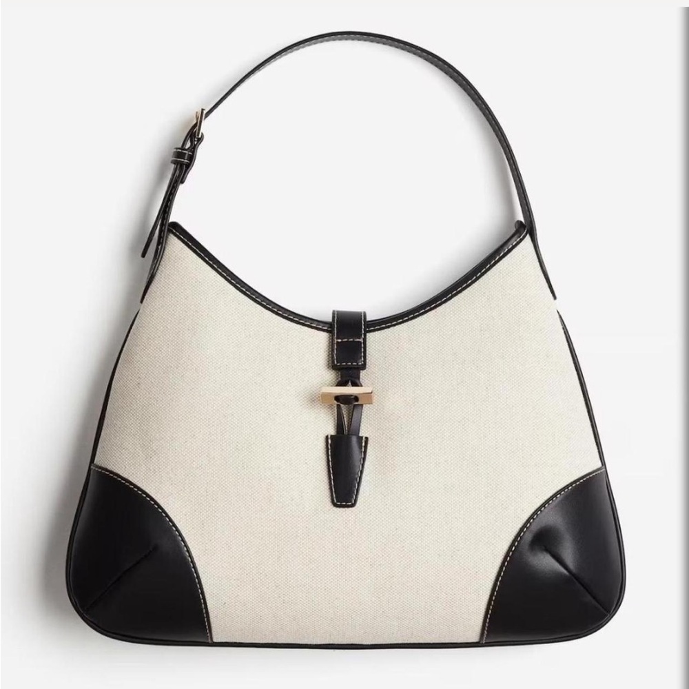H&M canvas black and cream shoulder tote bag with gold toggle